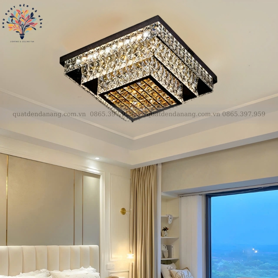 Đèn Ốp Trần Pha Lê Vuông 3 Tầng